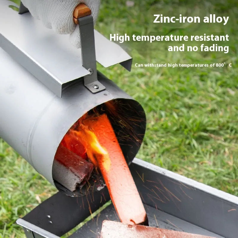 Zinc-iron alloy outdoor charcoal fire bin with point carbon barrel style and oven igniter.