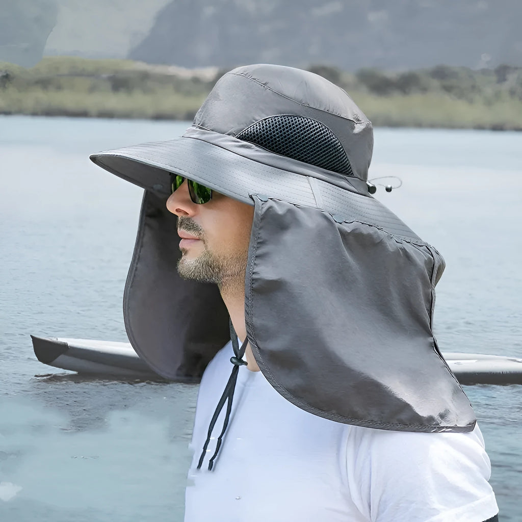 Nylon fisherman hat with neck sun protection in camouflage pattern