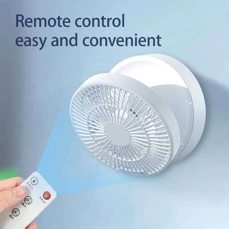 White portable folding electric fan with night light and remote control on a desk
