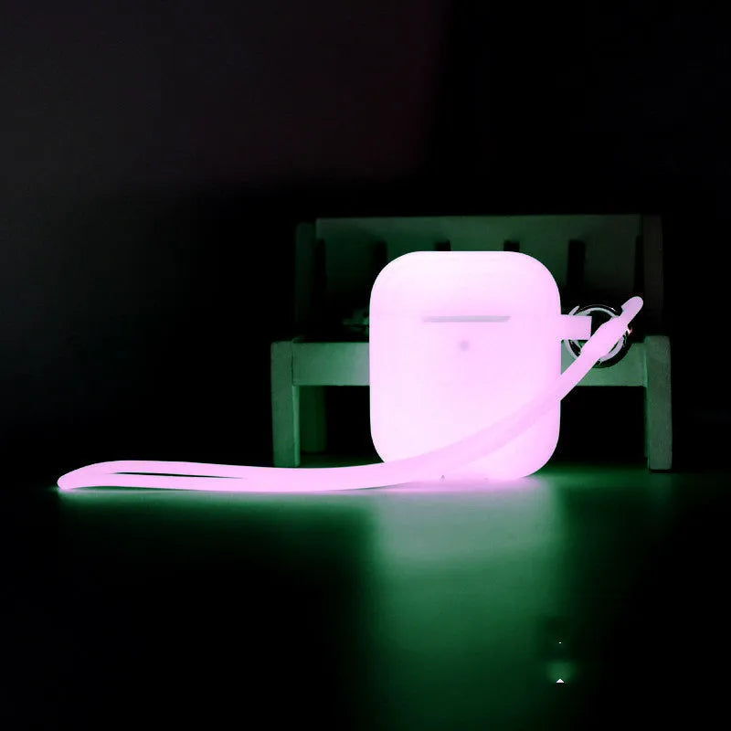Luminous silicone AirPods case with integrated carrying strap in blue colour