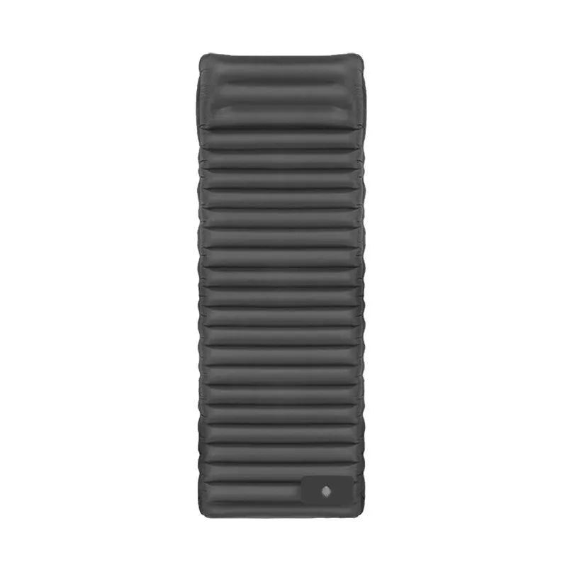 Single inflatable camping mattress in grey or black colour showing 195cm length and 10cm thickness
