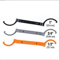 Orange, grey, and black magnetic suction wrenches laid out to show crescent, catheter locking, and standard spanner types.