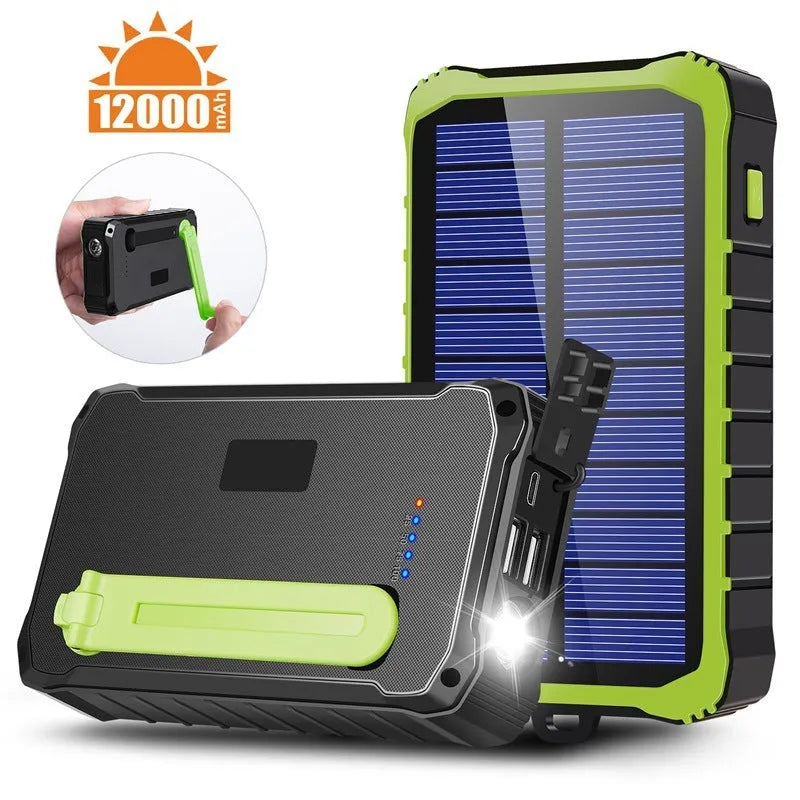 Orange portable solar power bank with hand crank and dual USB ports