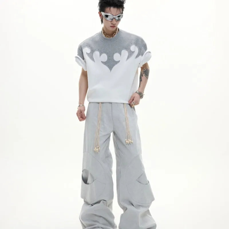 Men's grey cotton short sleeve shirt with 3D stitching and rhinestone flower embroidery detail