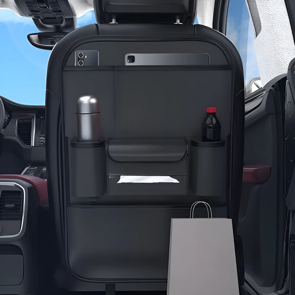 Black leather car seat back storage rack with handle and suspension straps