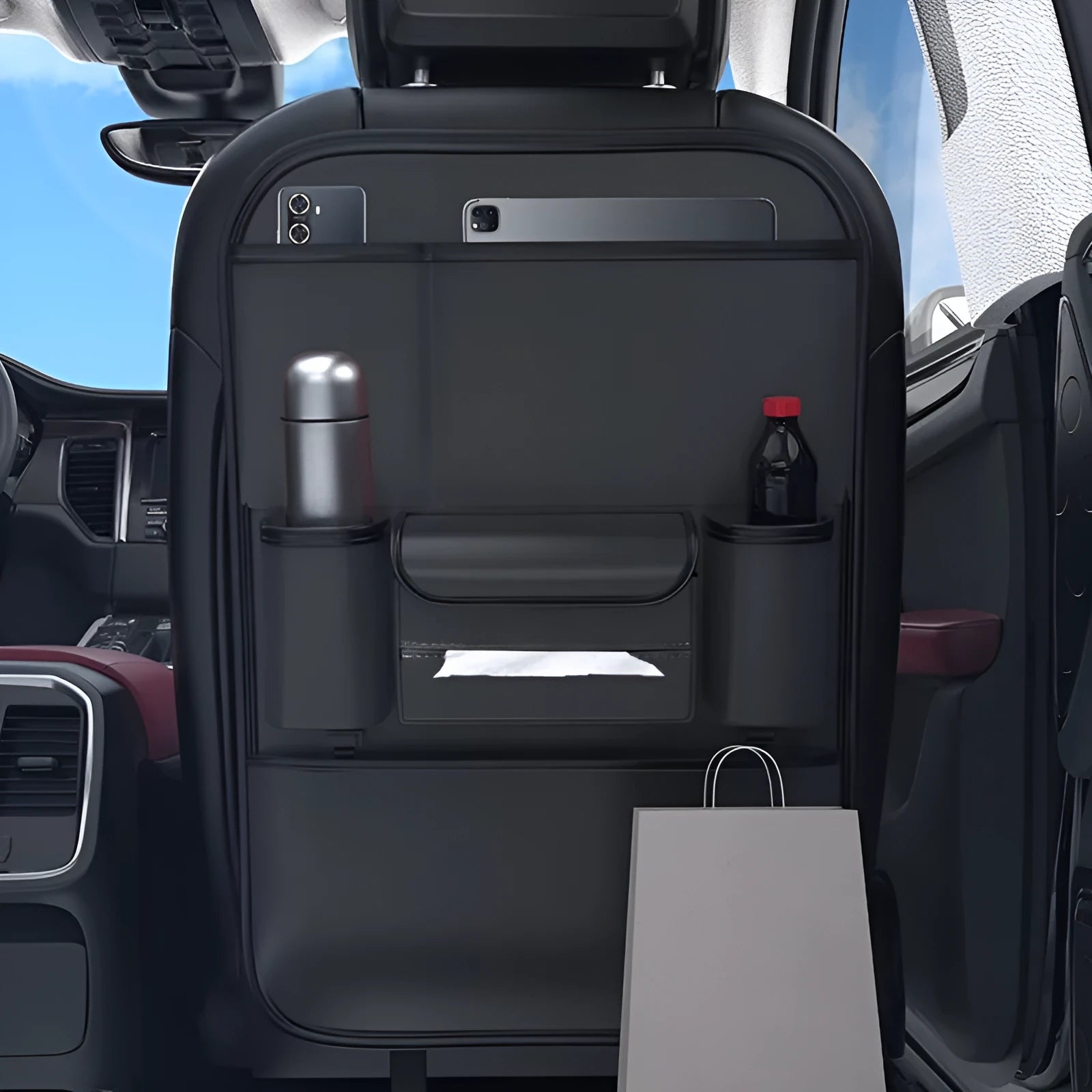 Black leather car seat back storage rack with handle and suspension straps