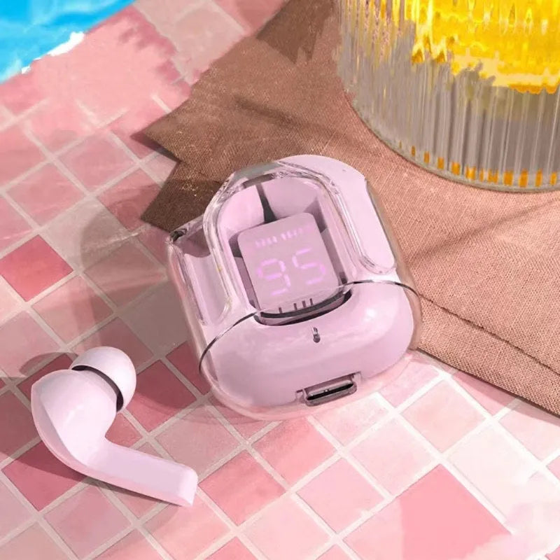 Transparent space capsule case Bluetooth earphones with digital display screen in six colour options