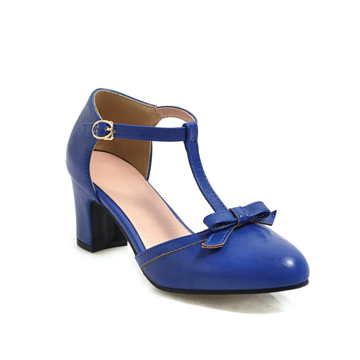 Yellow women's chunky heel sandals with a buckle strap and bow detail on a solid colour PU upper.