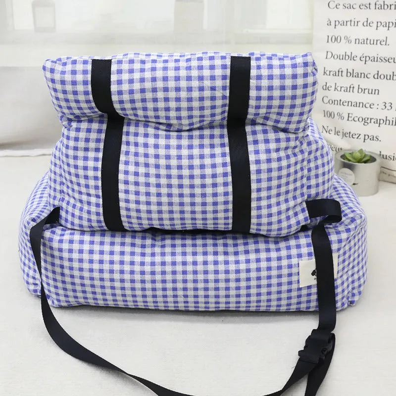 Car-mounted stain-resistant cloth pet nest for dogs in blue plaid and grey colours