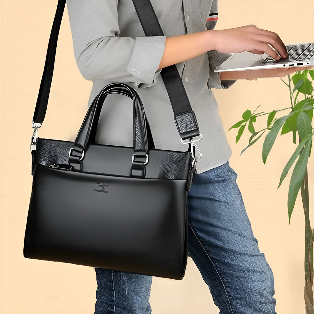 Men's black and brown PU leather shoulder messenger bag with splicing style, showing 35x30x4cm dimensions.