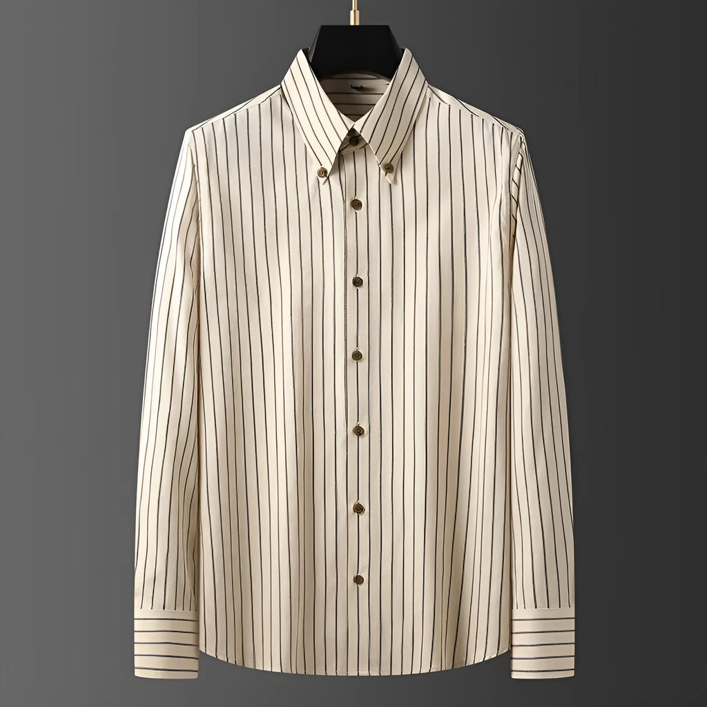 Coffee colour striped men's long-sleeved shirt with wool lining and slim fit
