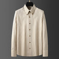 Coffee colour striped men's long-sleeved shirt with wool lining and slim fit