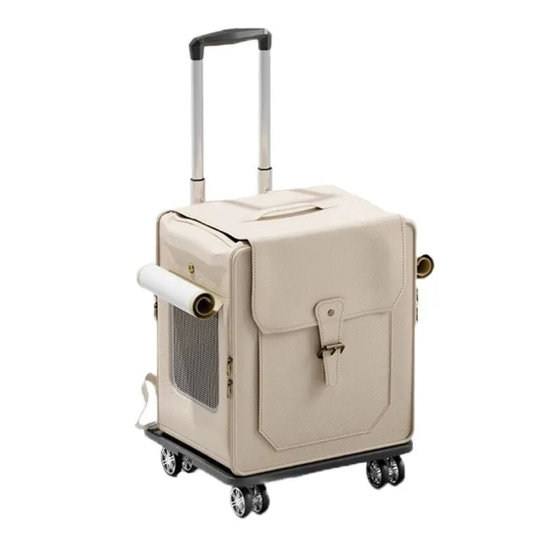 Large capacity foldable pet carrier trolley case in army green with pull rod, hard PU shell, breathable fabric, for cat travel