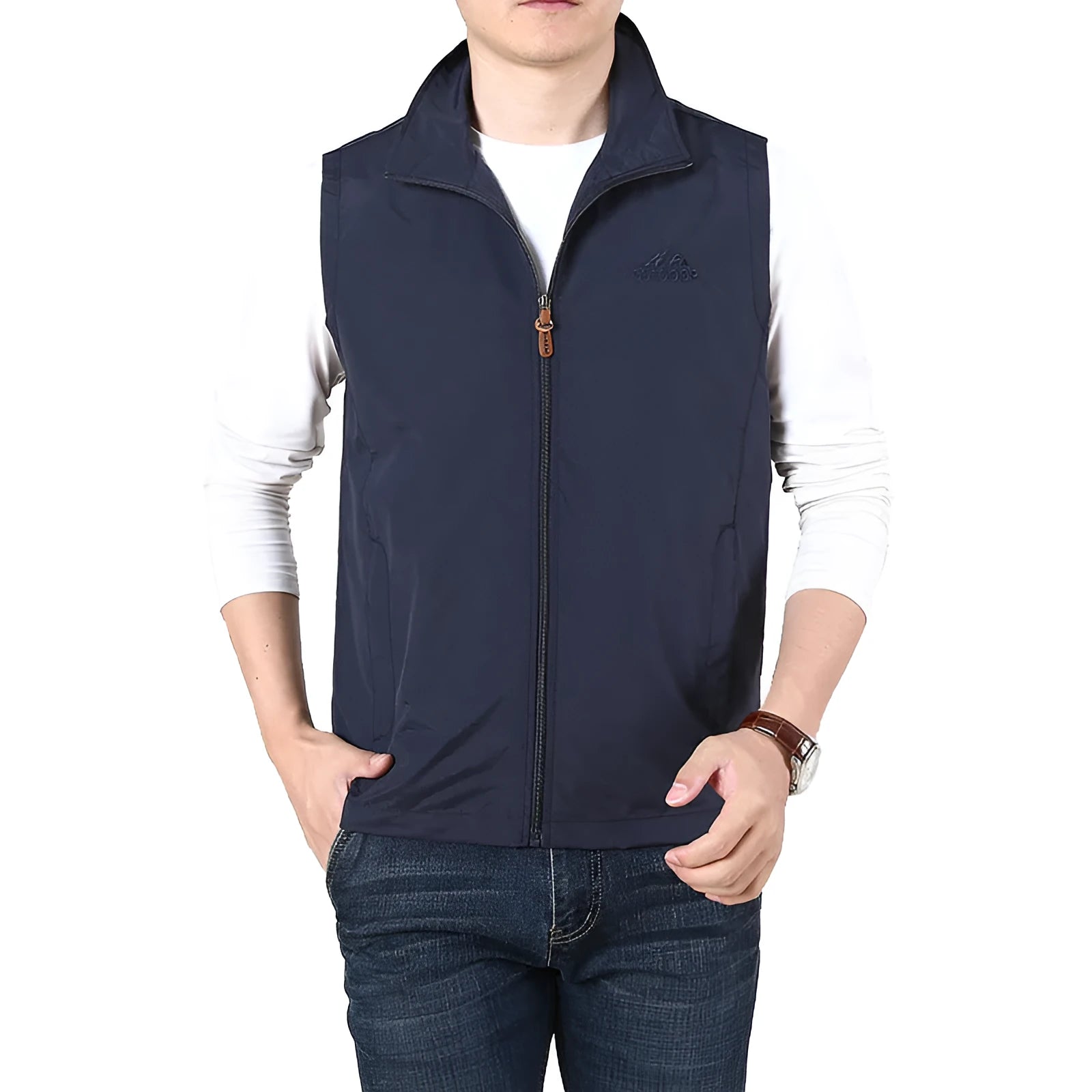 Niandun men's thin casual waistcoat vest in a chemical fibre blend with side pockets.
