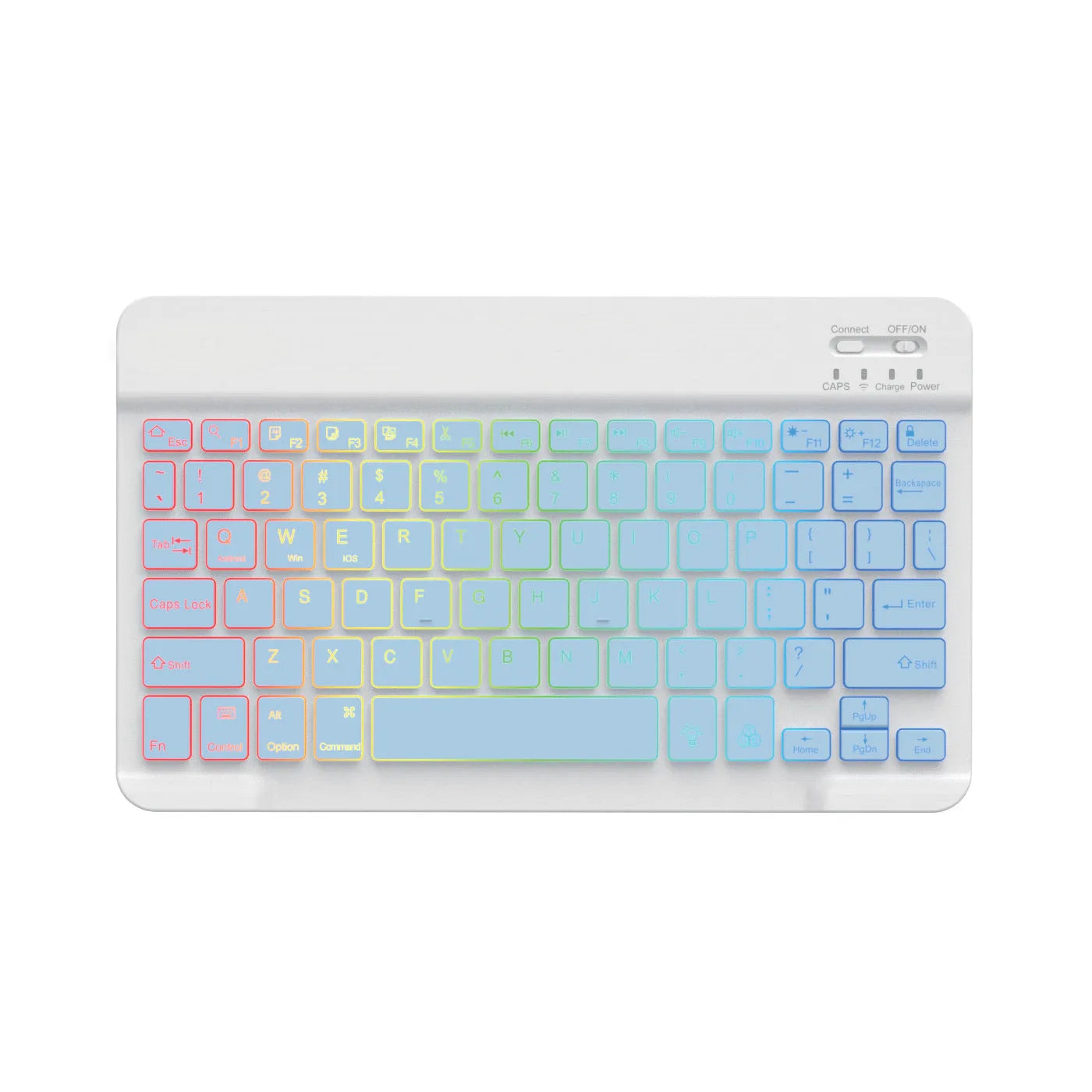 Compact 10-inch black Bluetooth keyboard with colourful LED backlight, shown next to a tablet.