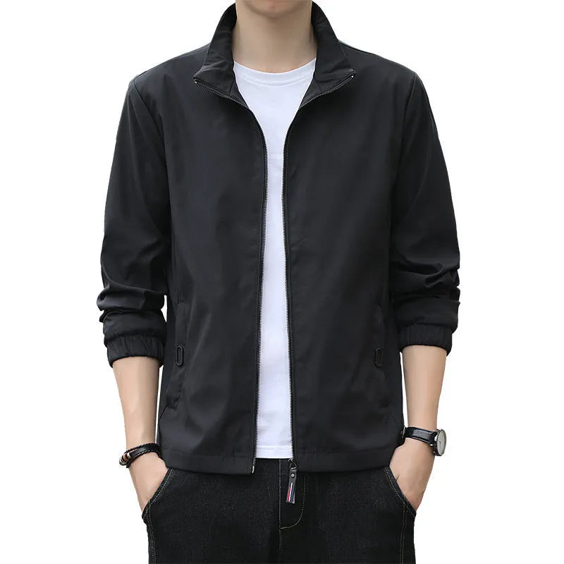 Men's Korean style loose fit autumn jacket with lapel collar and zip pockets in multiple colour options