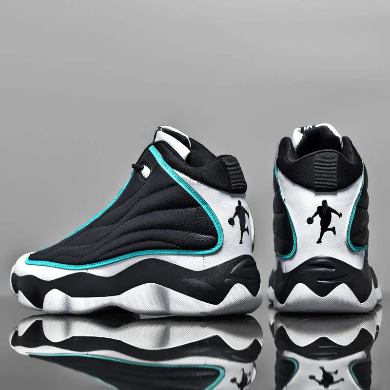 High-top basketball trainers in AJ13 colours with mesh upper and thick rubber sole.