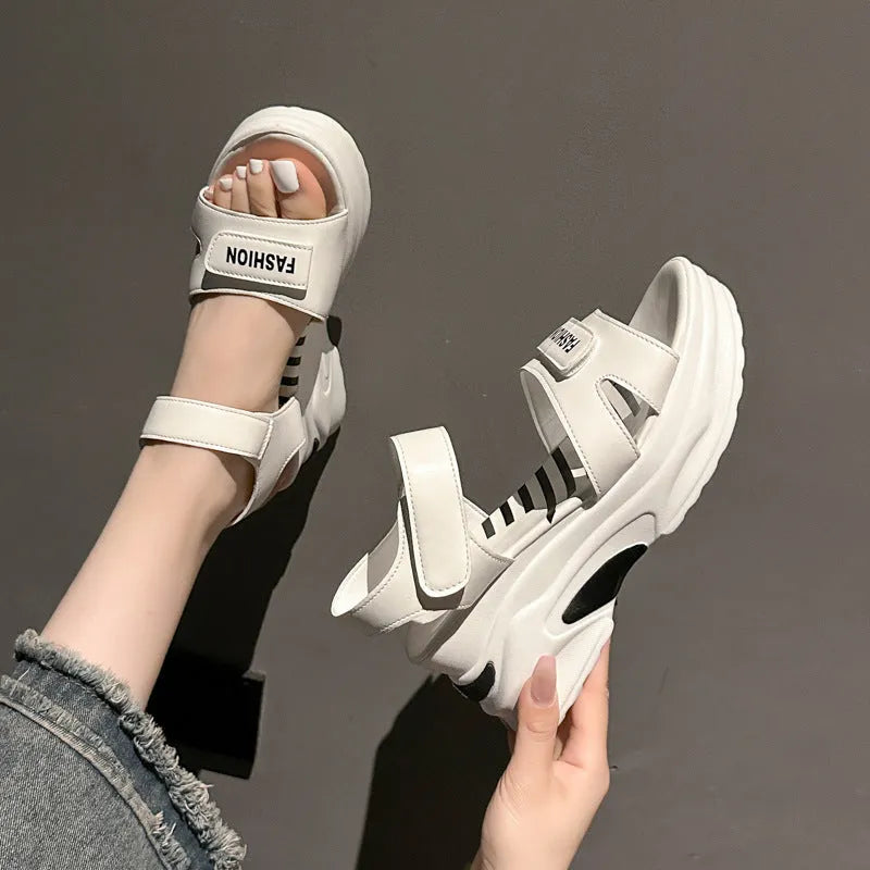 Small Muffin platform sports beach shoes beige PU upper Velcro fastening round toe rubber sole