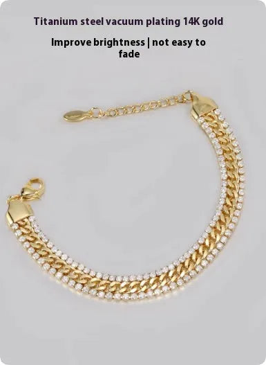Gold plated titanium steel bracelet with artificial gemstones in unisex European American hip hop style