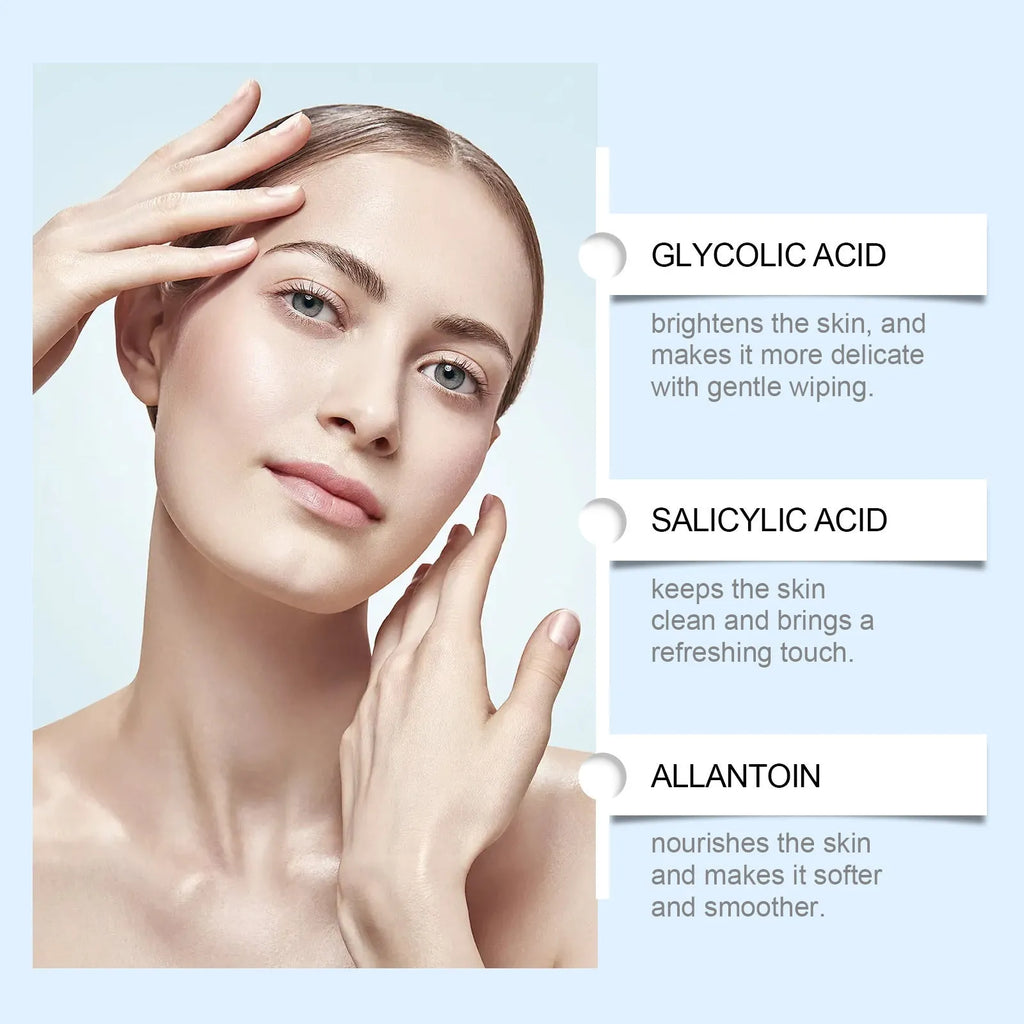 Pack of 60 glycolic acid exfoliating facial cotton pads on a blue background.