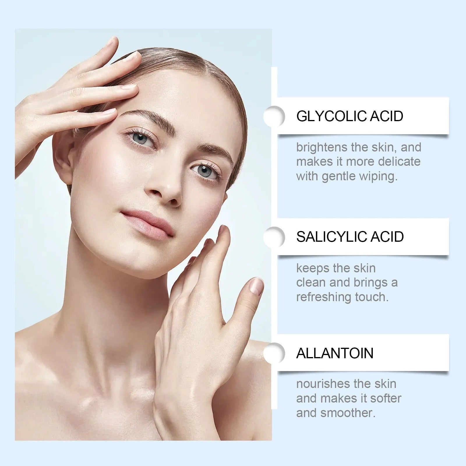 Pack of 60 glycolic acid exfoliating facial cotton pads on a blue background.