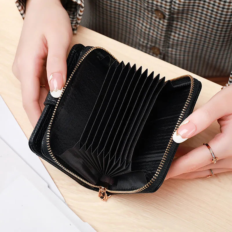 Beige lychee pattern pu ladies short bifold wallet shown open and closed.
