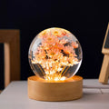 3D preserved dandelion inside clear resin ball LED lamp on beech wood desktop stand.