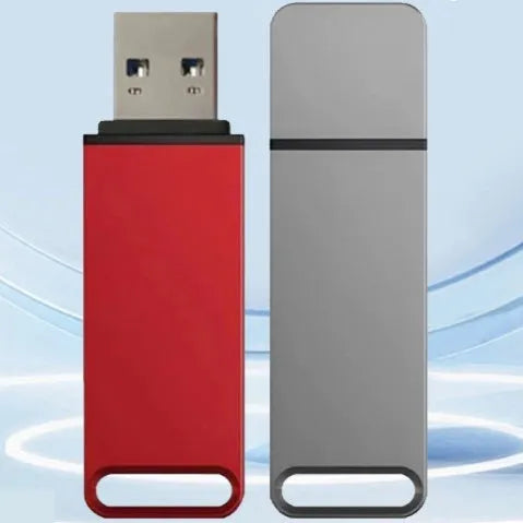Customisable metal USB flash drive in black, red, or silver with graphic printing service