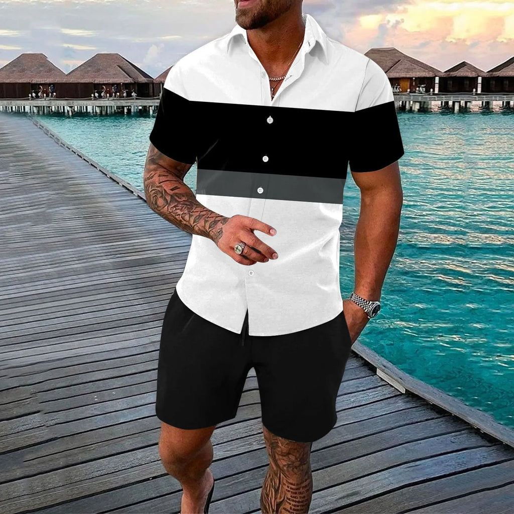 Men's summer cardigan shirt outfit with printed pattern and matching pants on a plain background