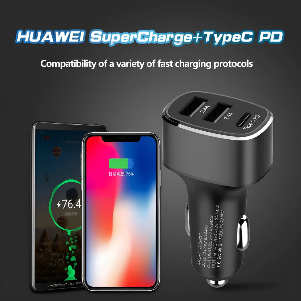 Dual USB Type C car charger with black or grey housing for cigarette lighter fast charging