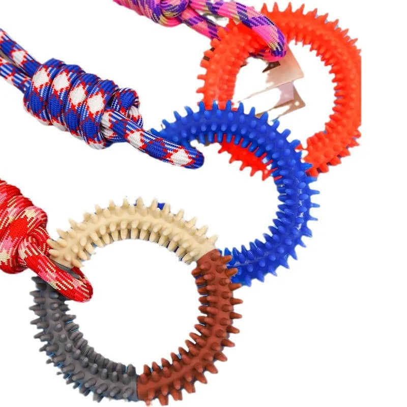 Blue braided rope dog chew toy with knots measuring 43cm long