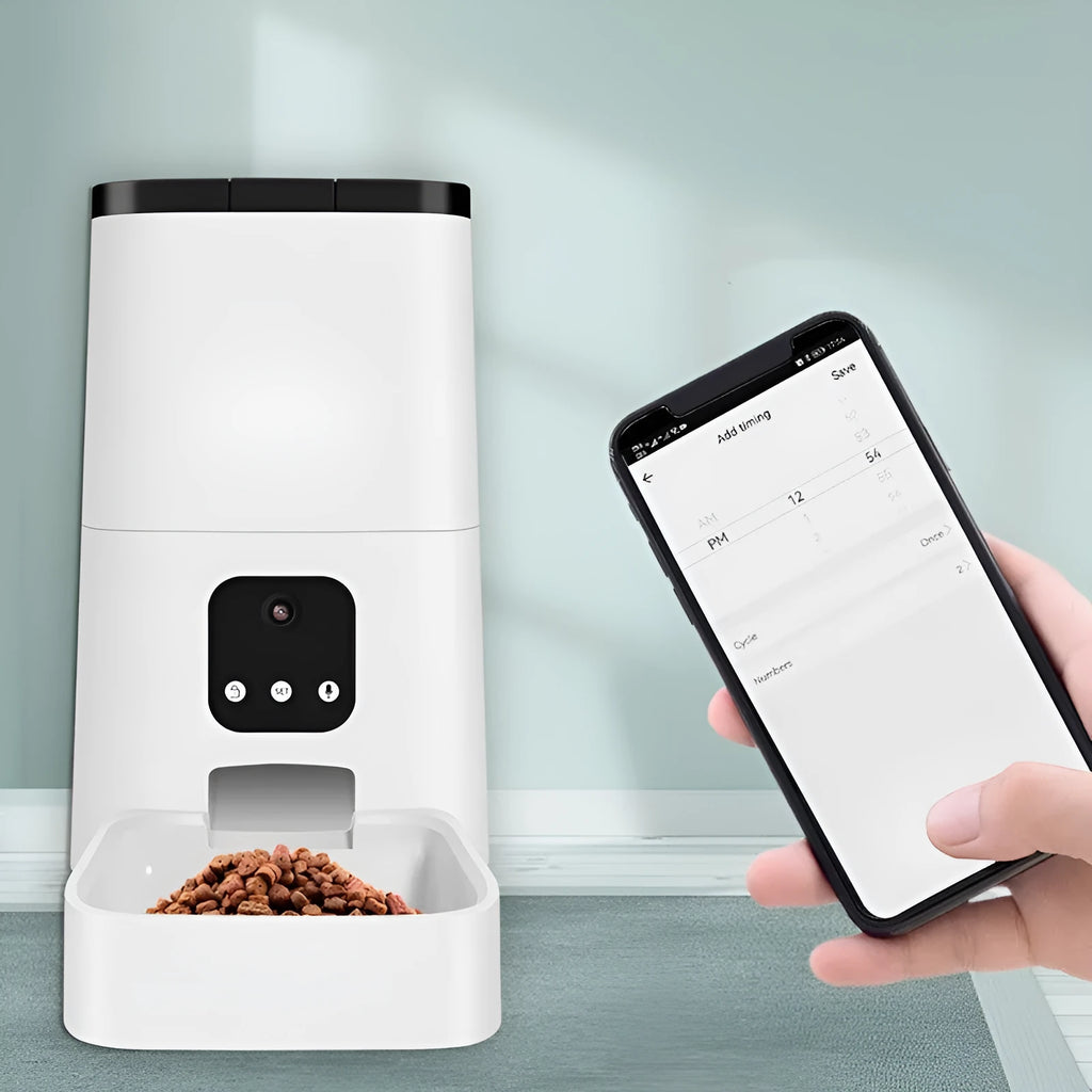 White automatic pet feeder with 5L feed bucket, app-controlled timed feeding, detachable design for dogs and cats