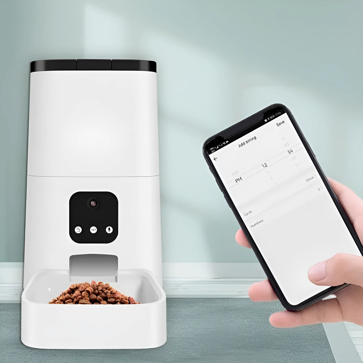 White automatic pet feeder with 5L feed bucket, app-controlled timed feeding, detachable design for dogs and cats