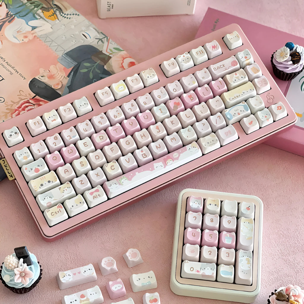 Meow Meow Team Height 141-piece sublimation printed key cap set for mechanical keyboards, showing colourful designs on multiple keys.