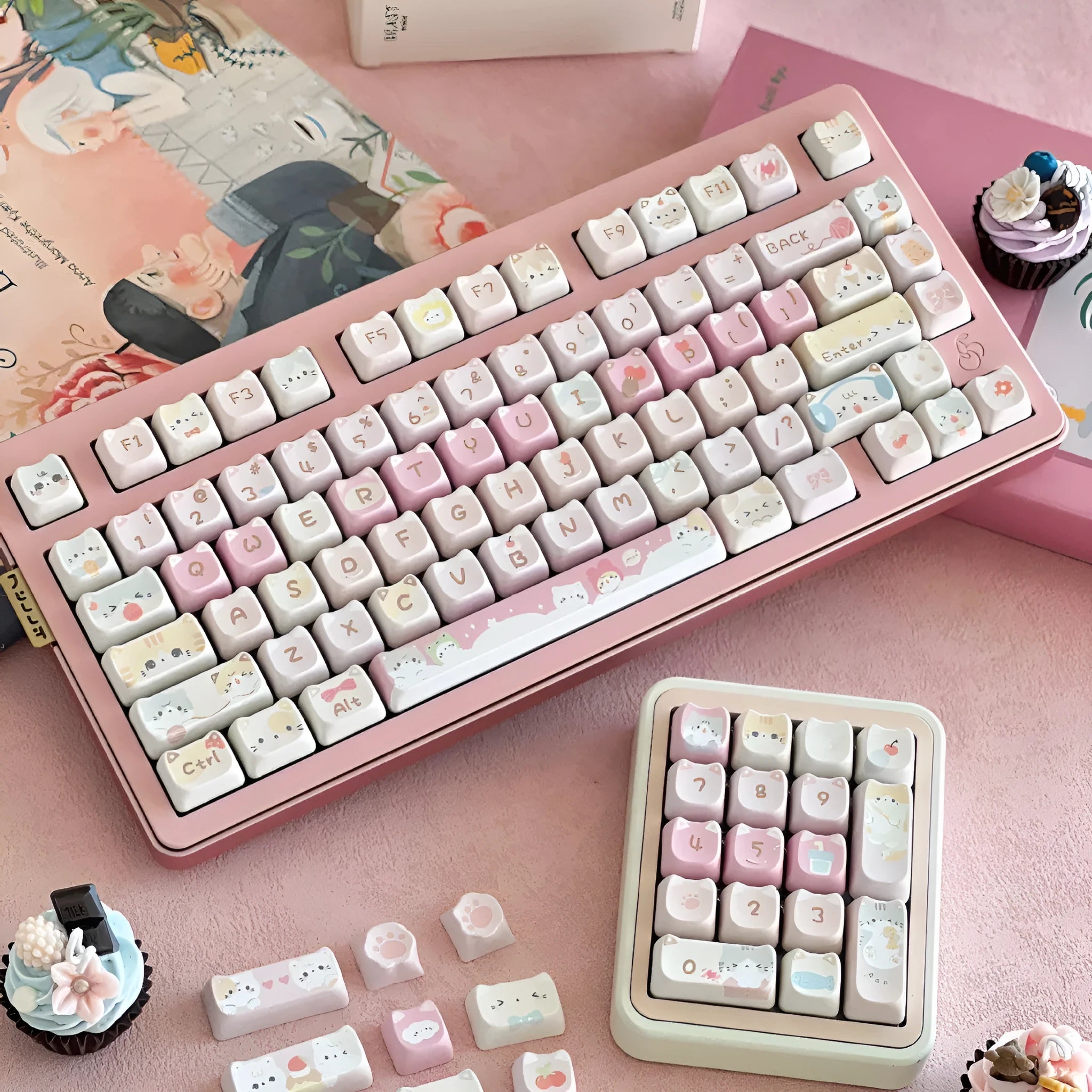 Meow Meow Team Height 141-piece sublimation printed key cap set for mechanical keyboards, showing colourful designs on multiple keys.