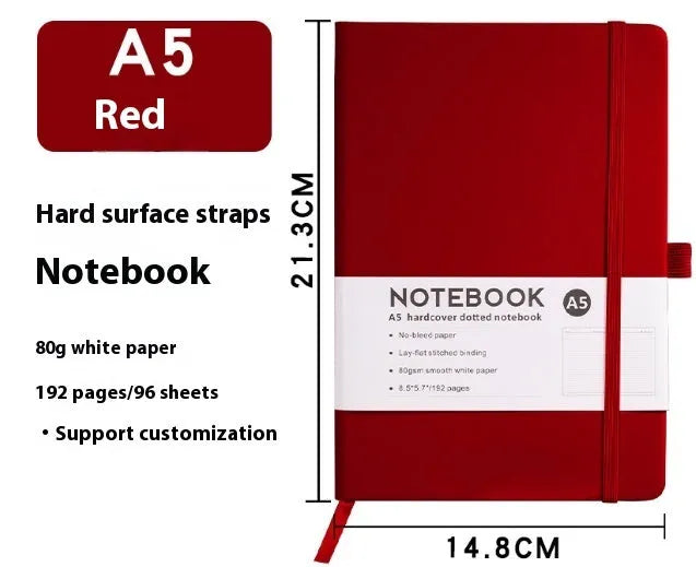 A5 diary with soft PU leather cover in a skin feeling texture, open to show horizontal line pages.