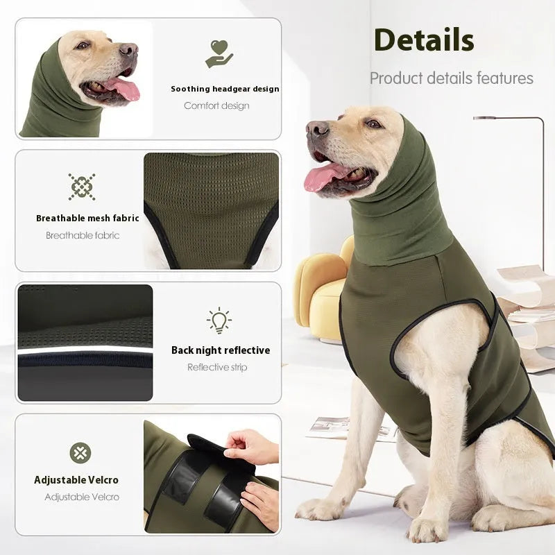 Dog wearing army green anti-anxiety jacket with calming vest design