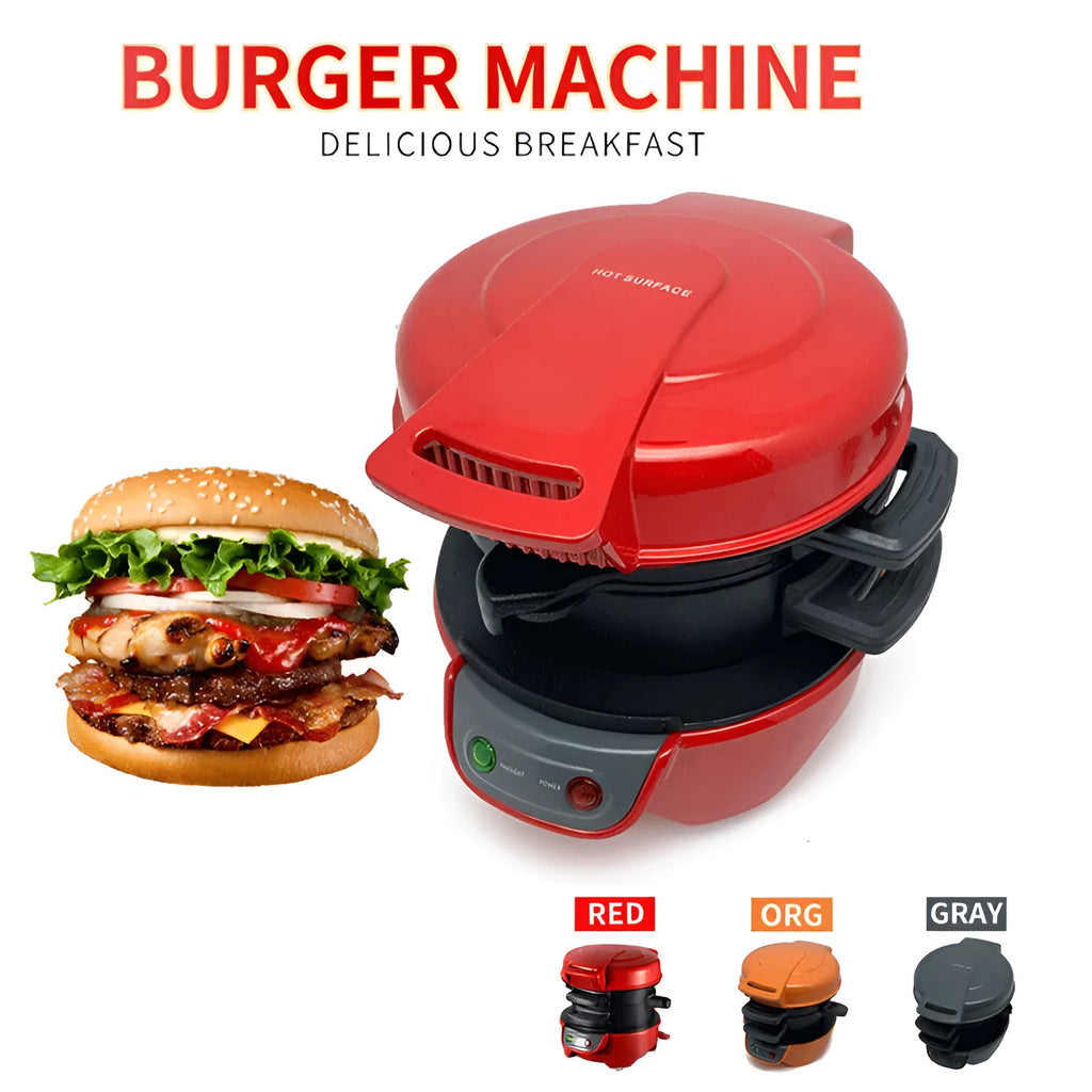 Bright red household breakfast machine with sandwich plates and egg cooker ring on countertop