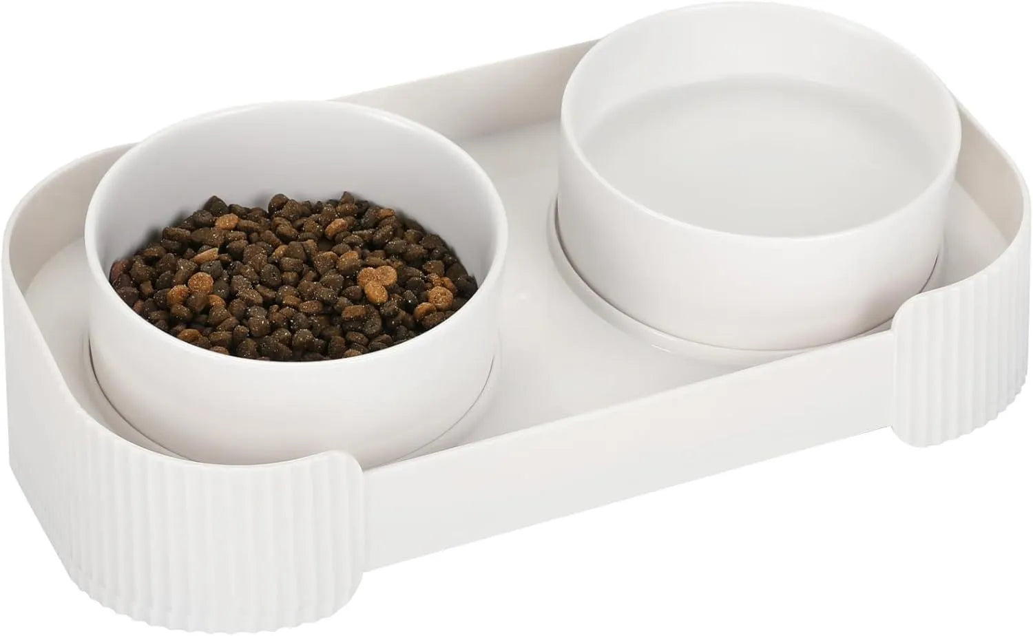 Green ceramic raised cat bowl set with two tilted bowls on non-slip base