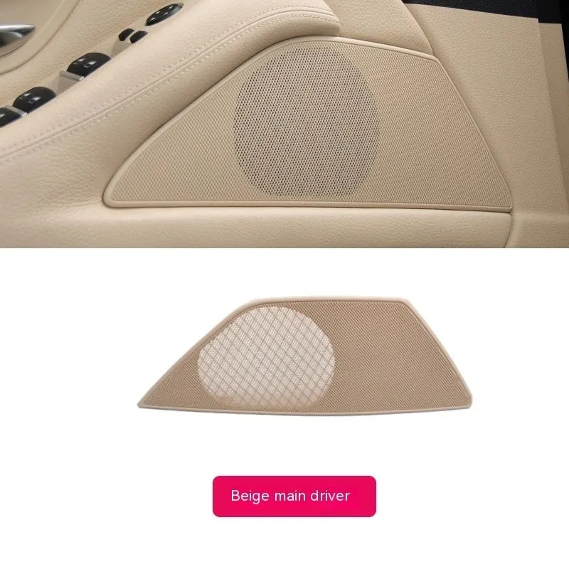 BMW 5 Series speaker cover in ABS PC plastic, shown in a choice of beige, white, grey, black, brown, or red-brown finishes.