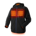 Black men's long sleeve waterproof winter coat with USB heating port and zipper pockets.