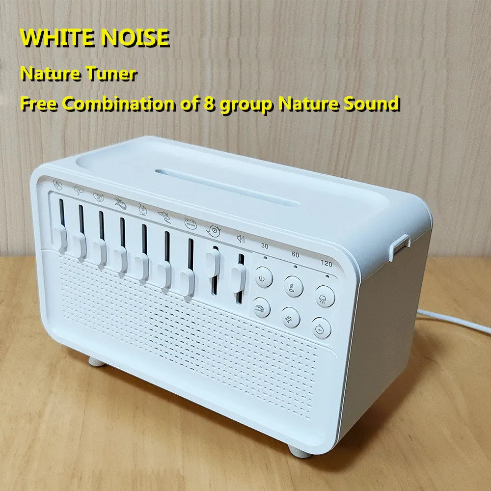 White geometric all-in-one Bluetooth speaker, humidifier, white noise machine and night light on a surface.