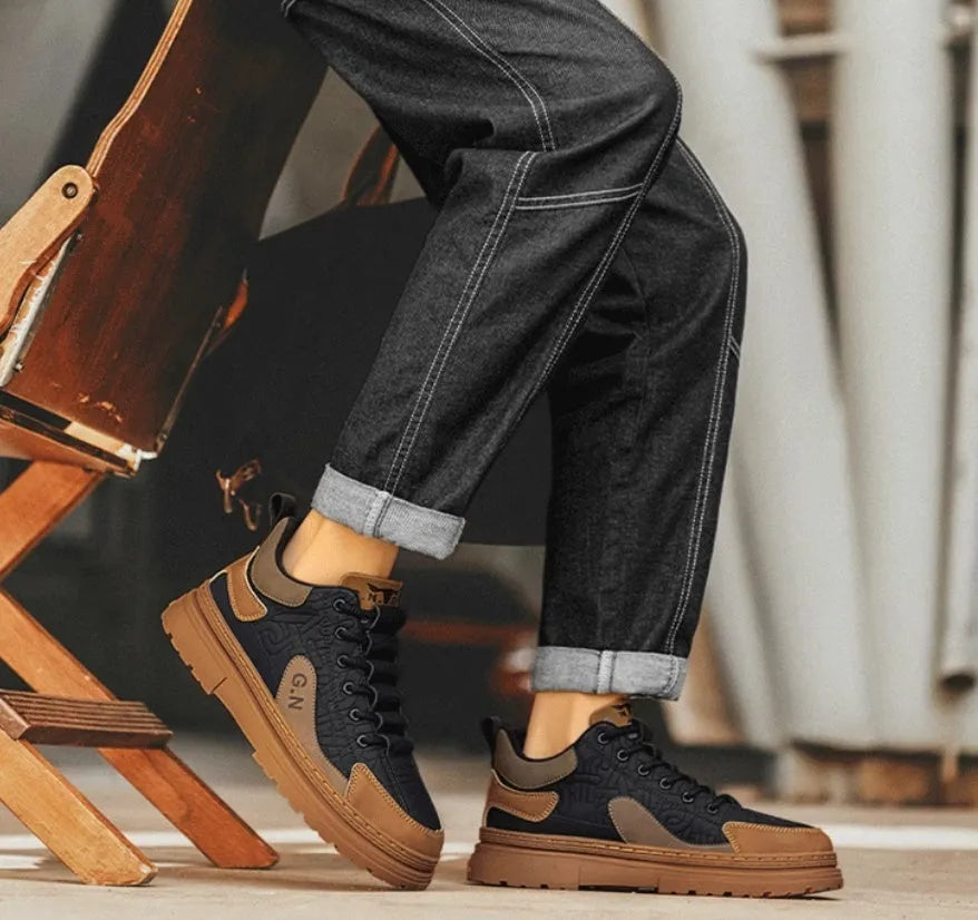 Black and white platform sneakers with thick rubber sole and microfiber leather insole