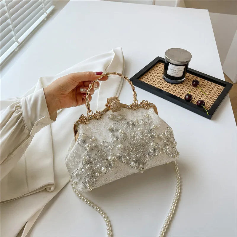 Pearl embroidered polyester handbag in horizontal square shape with double shoulder straps