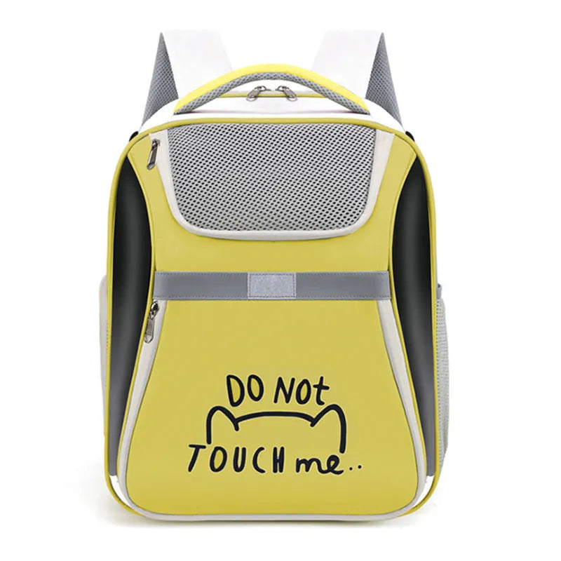 Expandable pet backpack in beige with contrast-pattern PVC Oxford material, medium capacity, on display