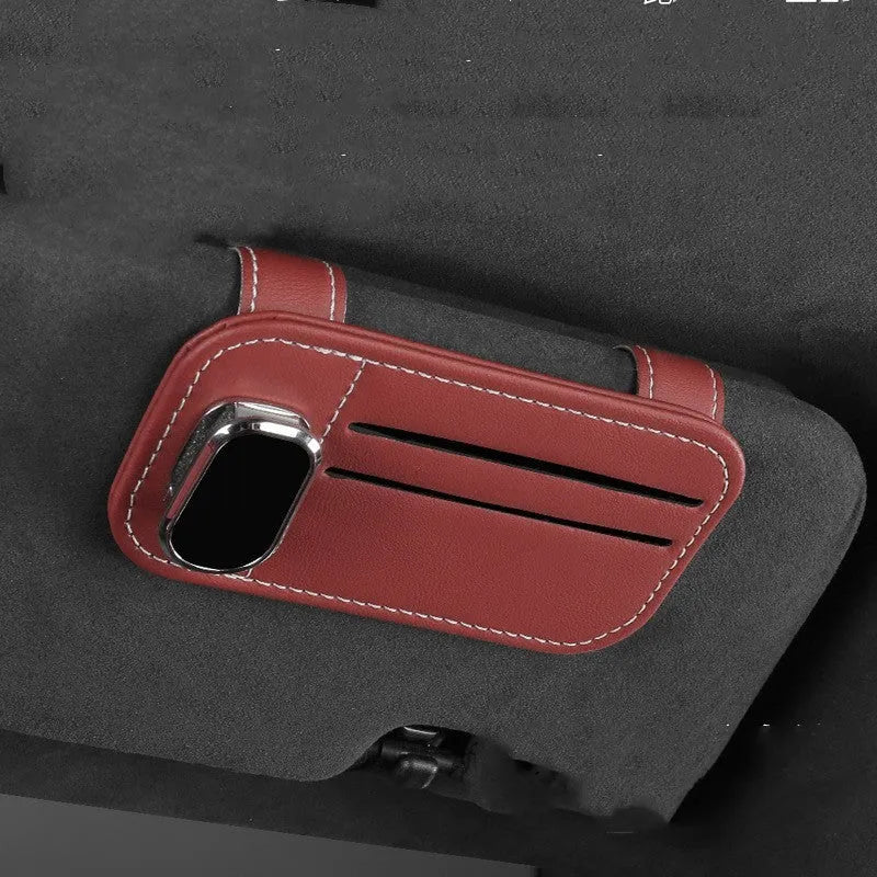 Leather sun louver card holder with glasses clip for car organisation in multiple colour options