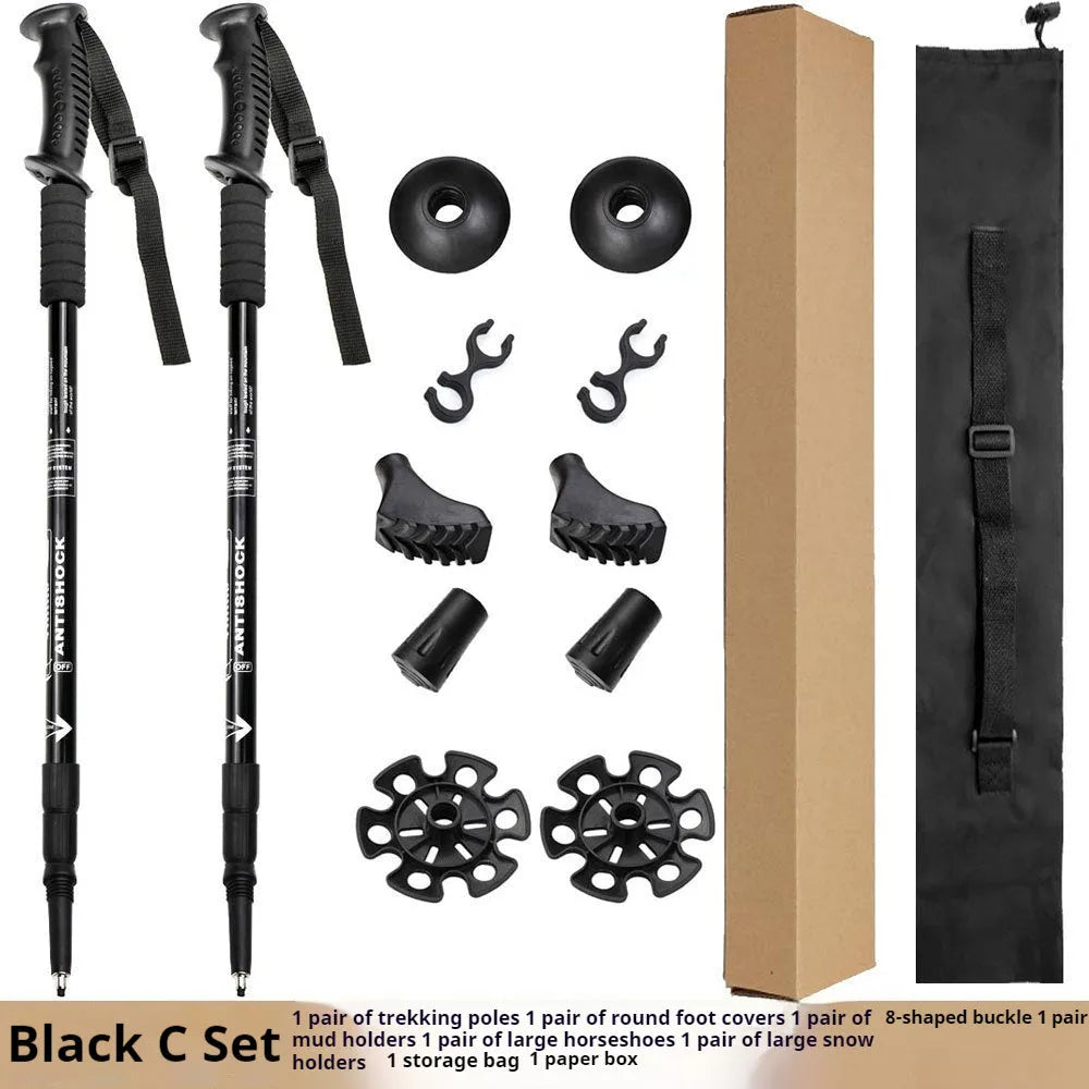 Adjustable aluminium alloy trekking poles with three straight handles and complete accessory set including foot covers and snow holders