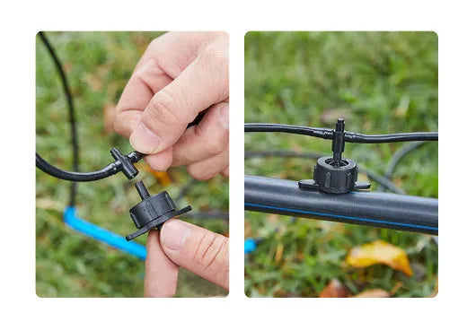 A white or black PE plastic tee water distributor joint for micro spray irrigation systems.