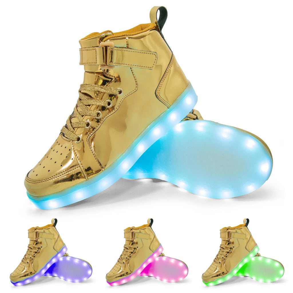 LED high-top board shoes with illuminated lights and Velcro fastening in multiple colour options