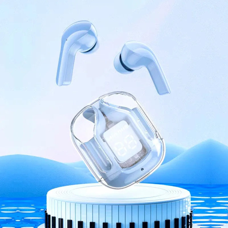 Transparent space capsule case Bluetooth earphones with digital display screen in six colour options